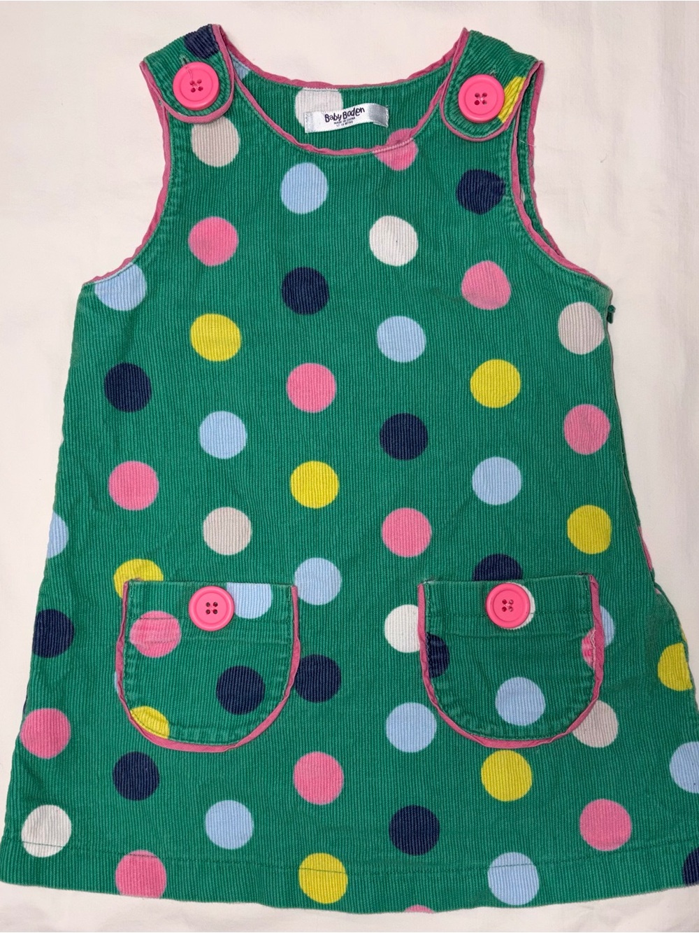 Baby Boden corduroy jumper with colorful polka dots & side zip sz 12-18 mo EUC
